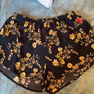 Black Floral Satin High Rise Shorts
